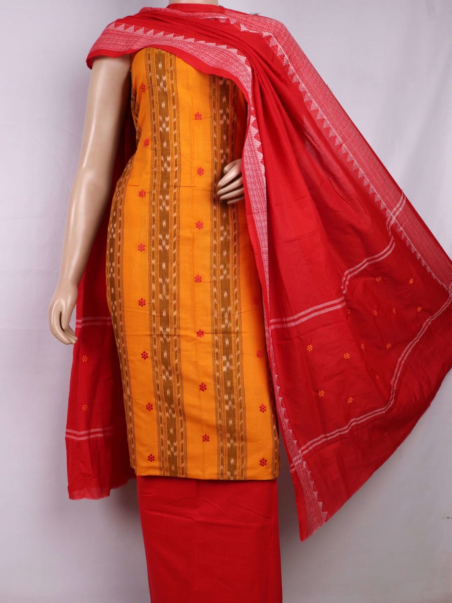 Yellow and red cotton Sambalpuri dress material with embroidered motifs on body