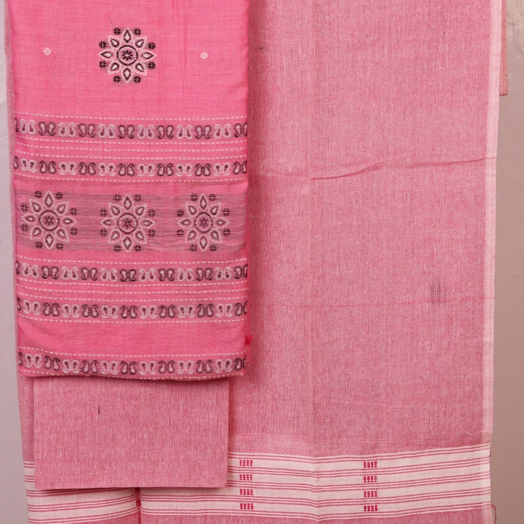 Handloom Bomkai cotton dress material blouse piece in peach and green with coordinating weave.