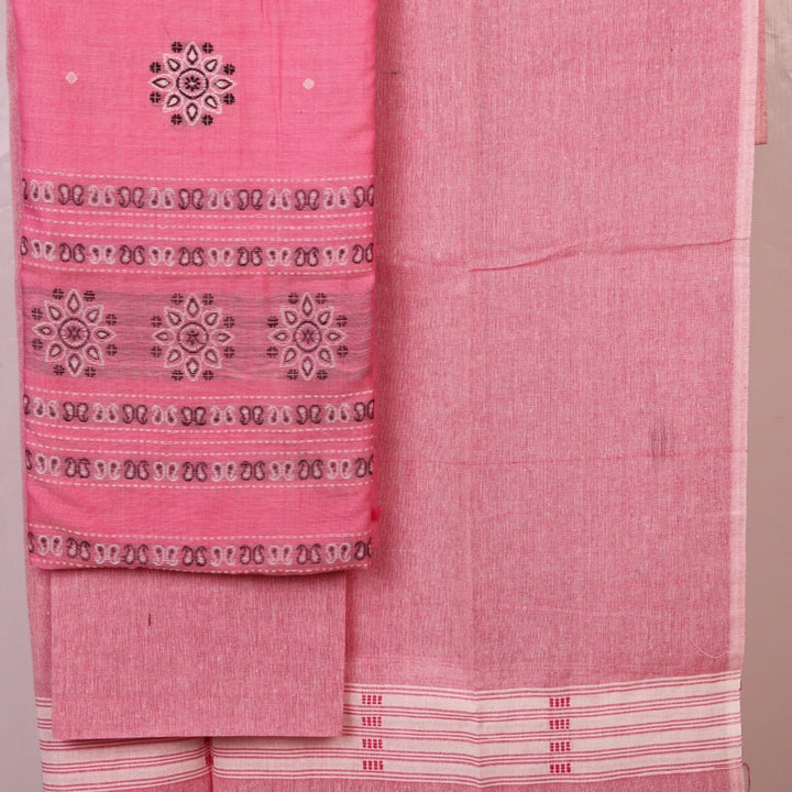 Handloom Bomkai cotton dress material blouse piece in peach and green with coordinating weave.