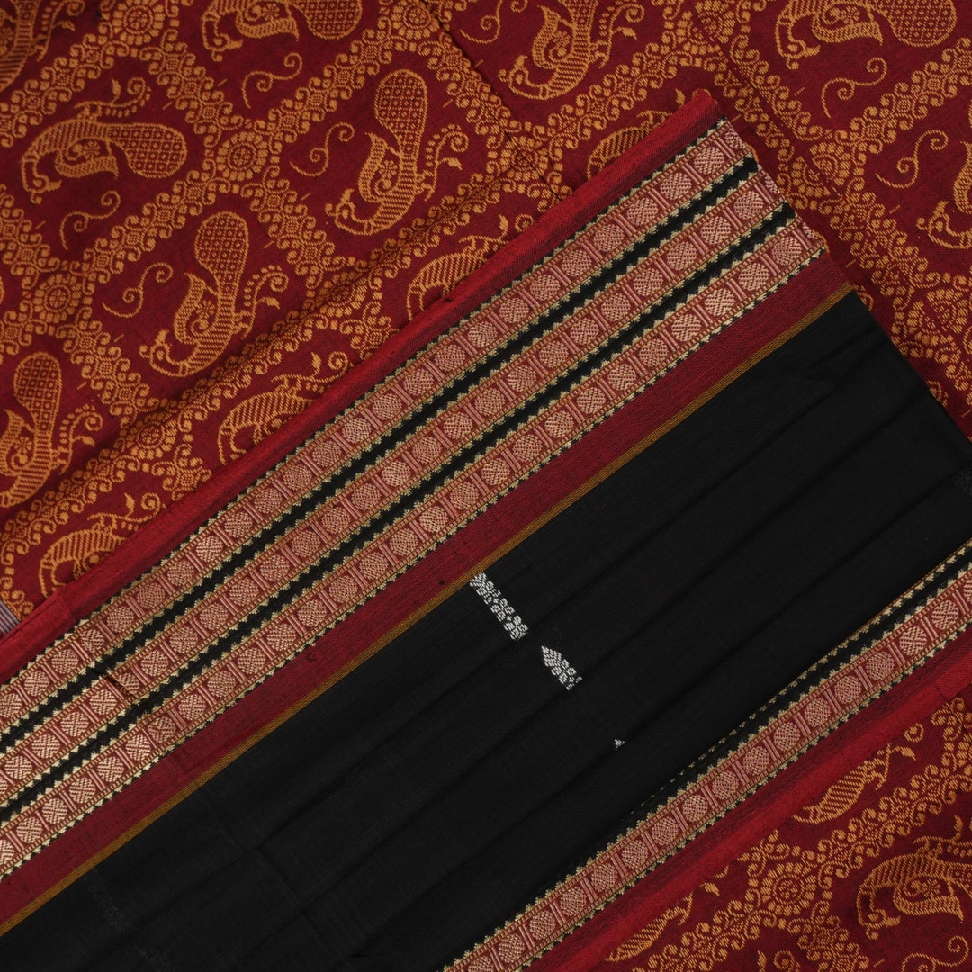 Full flat layout of the black and maroon Bomkai cotton saree with traditional butta patterns and pallu.