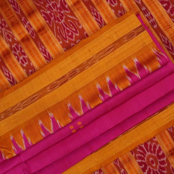 Model wearing a pink and yellow Khandua silk saree with butta work, styled in a traditional drape.