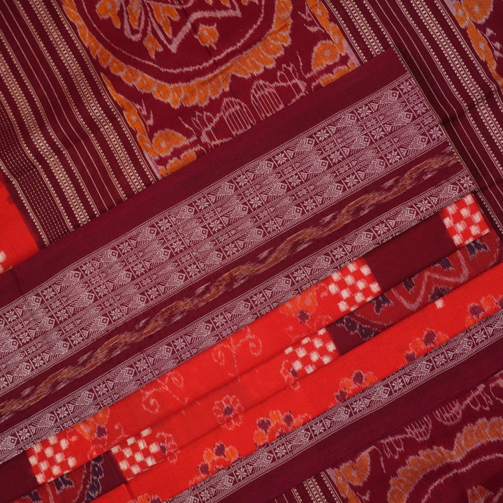 Full view of the orange and maroon Sambalpuri cotton saree showcasing the iconic Pasapalli checkerboard pattern.