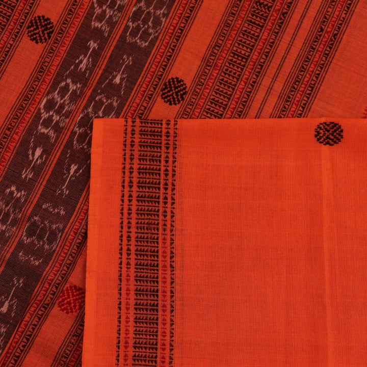 Full view of a Black and Orange Cotton Sambalpuri Saree with a Butta pattern.