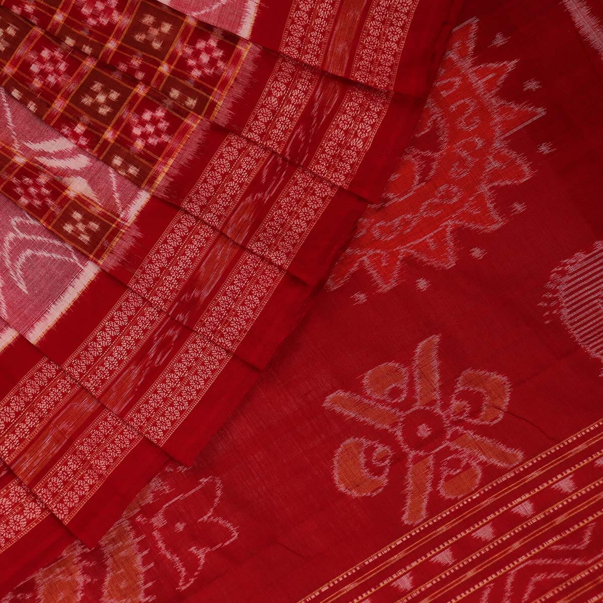 Handloom Peach Sambalpuri Cotton Saree with Red border