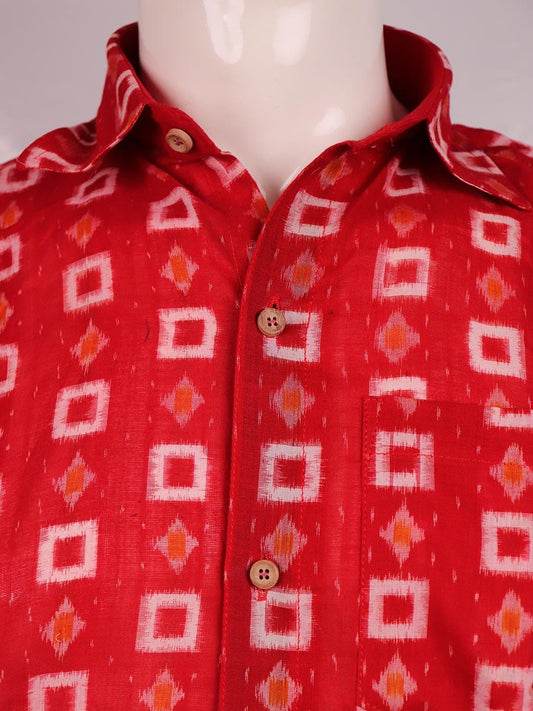 Handloom Red Sambalpuri Cotton Shirt & Kurta with White border