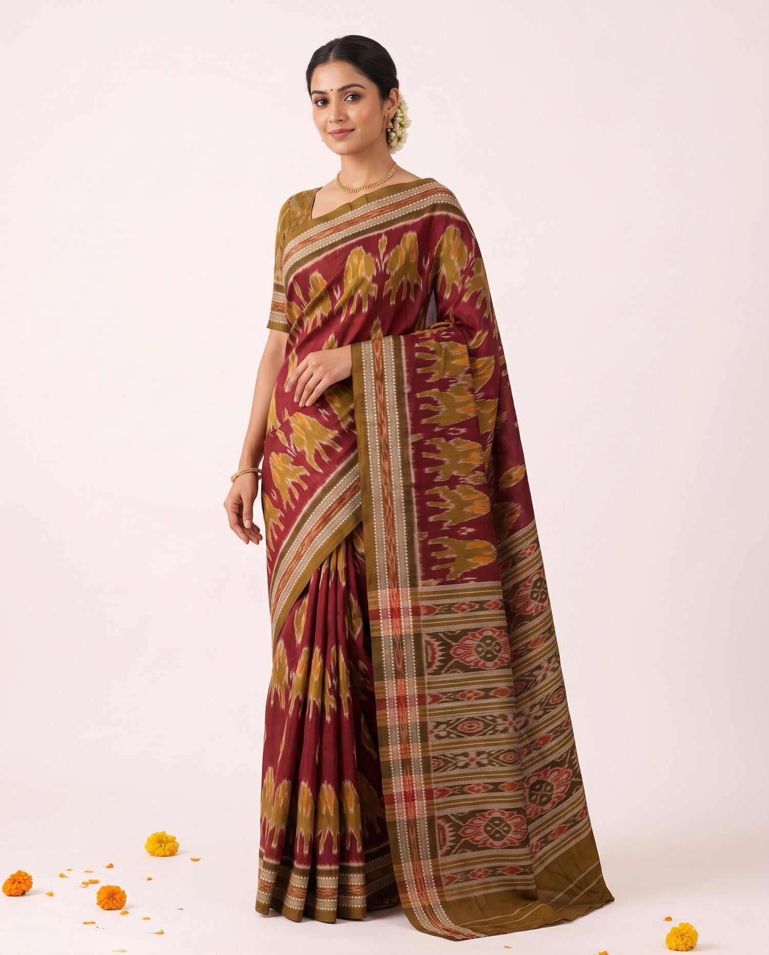 Model wearing a maroon-and-mustard Khandua ikat silk Odisha handloom saree — Priyadarshini Handloom