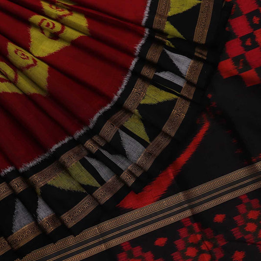 Handloom Maroon Khandua Silk Saree with Black ikkat border