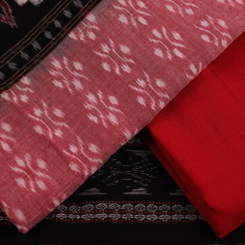 Black Sambalpuri Cotton Dress Material with Red Border C27-01-00465