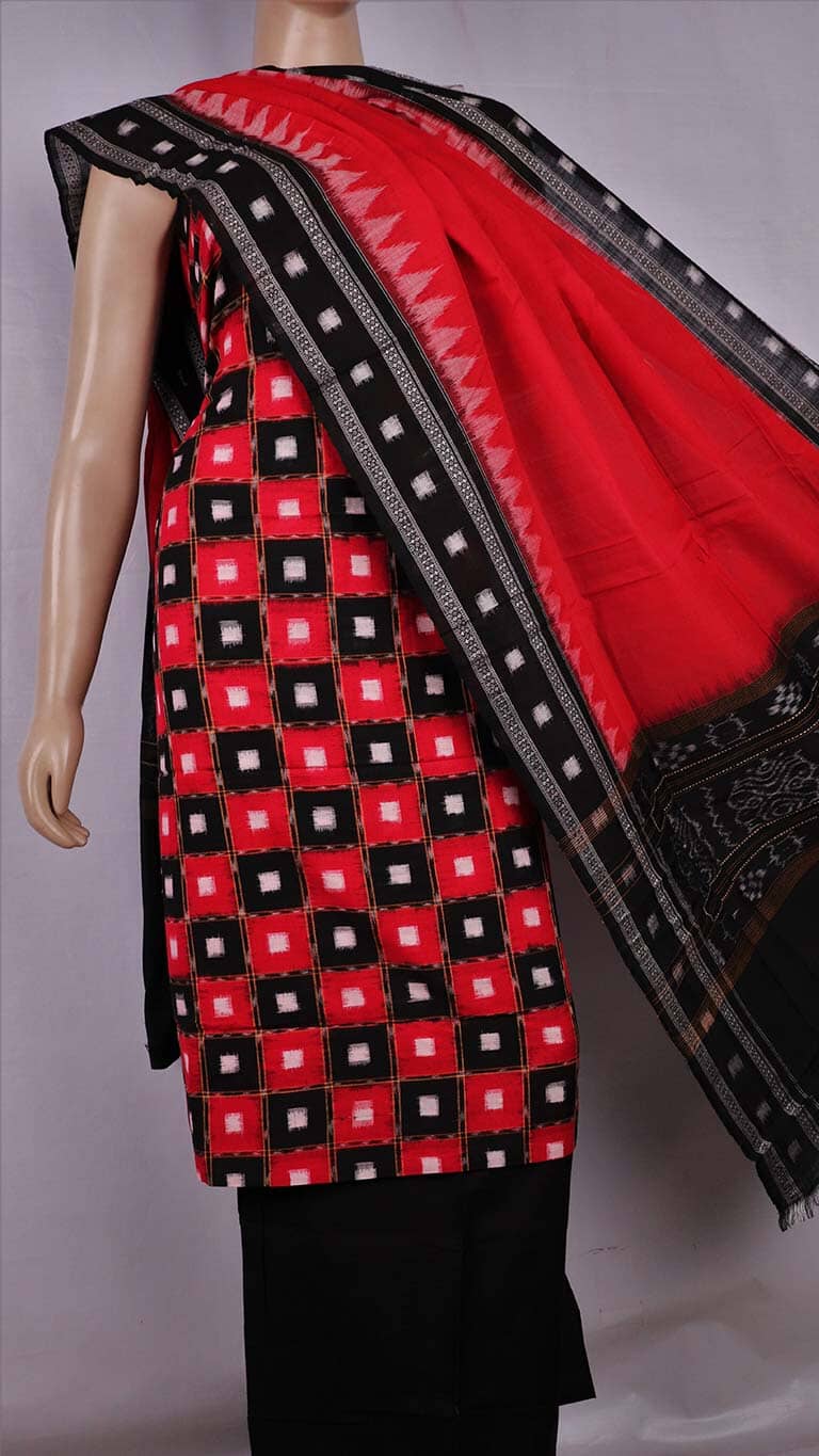 Maroon - Sambalpuri Ikat Handloom Cotton 3pc Unstitched Dress Material  12