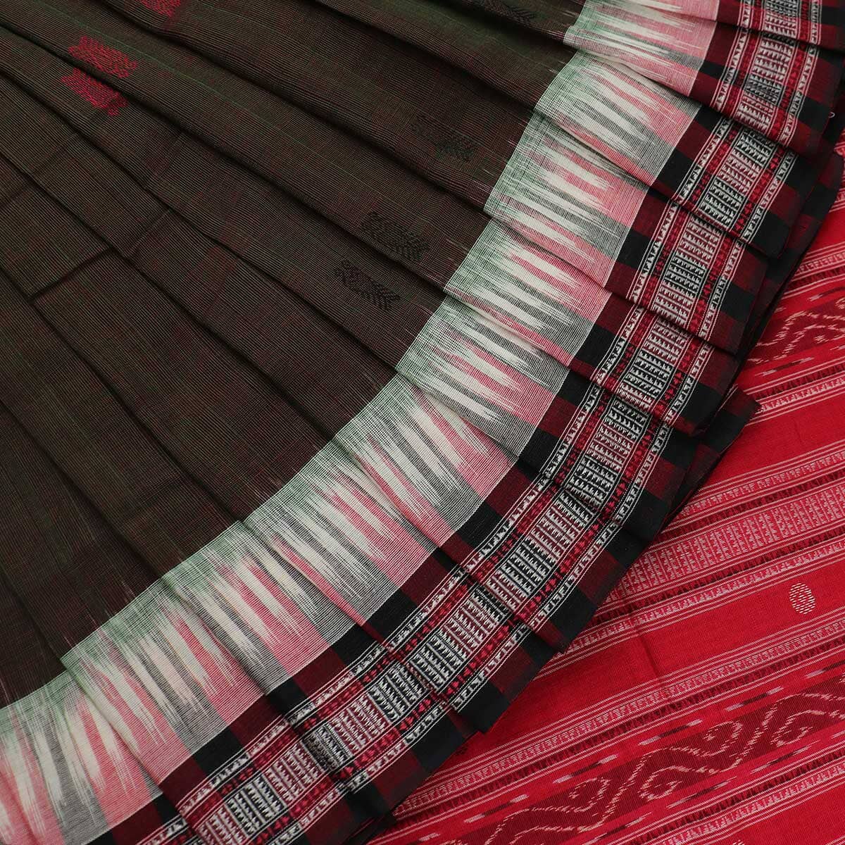 Handloom Green Sambalpuri Cotton Saree with Maroon ikkat border