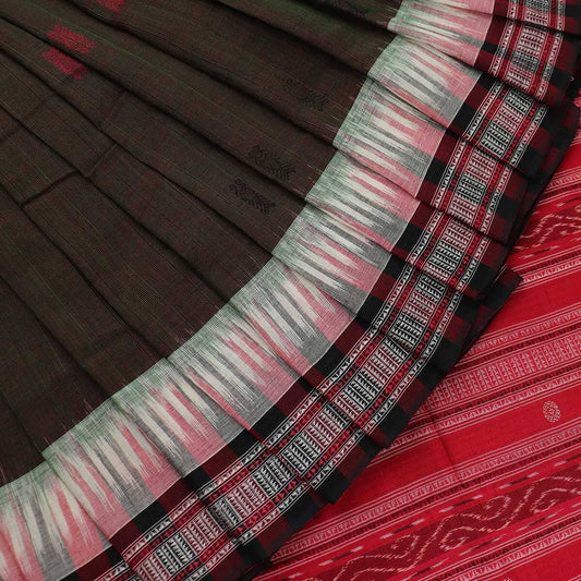 Handloom Green Sambalpuri Cotton Saree with Maroon ikkat border
