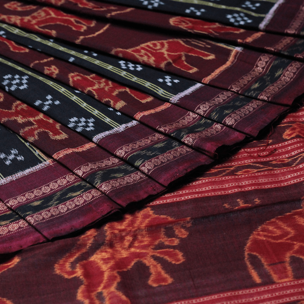 Handloom Maroon Sambalpuri Cotton Saree with Maroon ikkat border