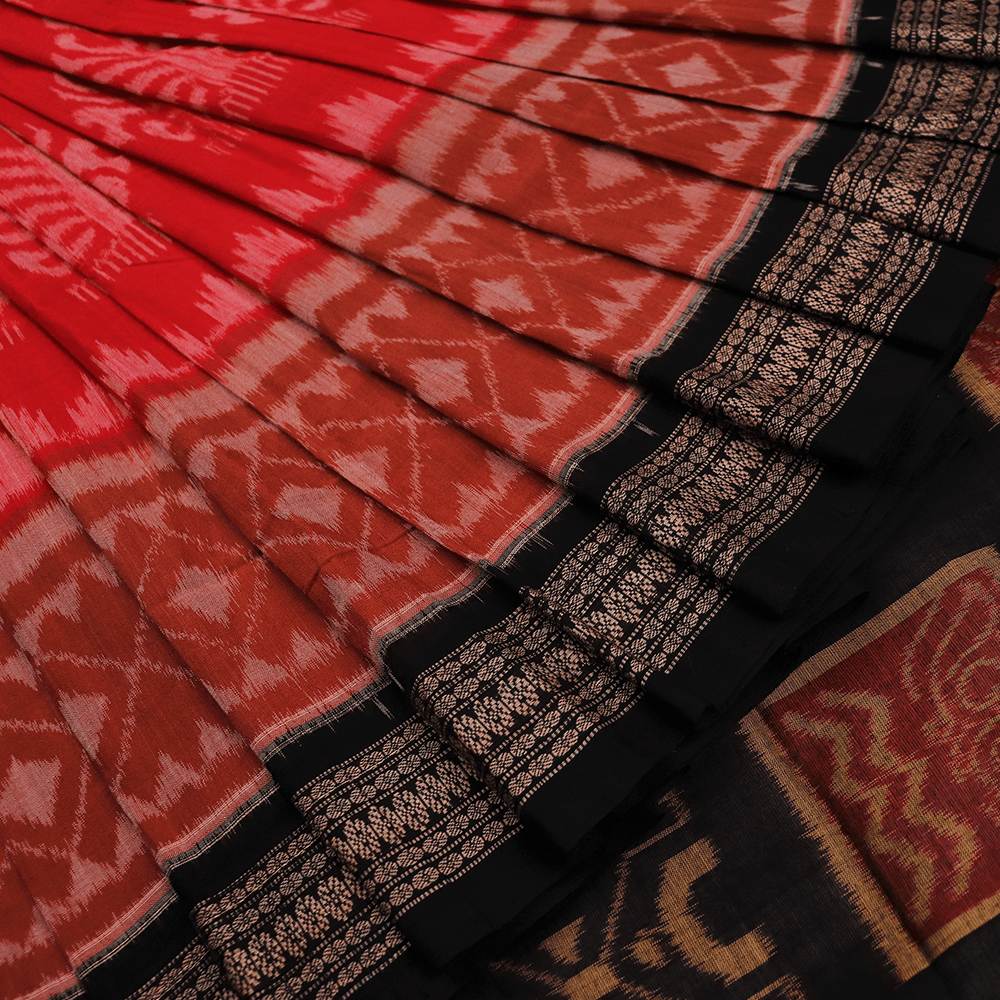 Handloom Red Sambalpuri Cotton Saree with Black ikkat border