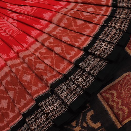 Red Sambalpuri Cotton Saree with Black Border D85-12-02067