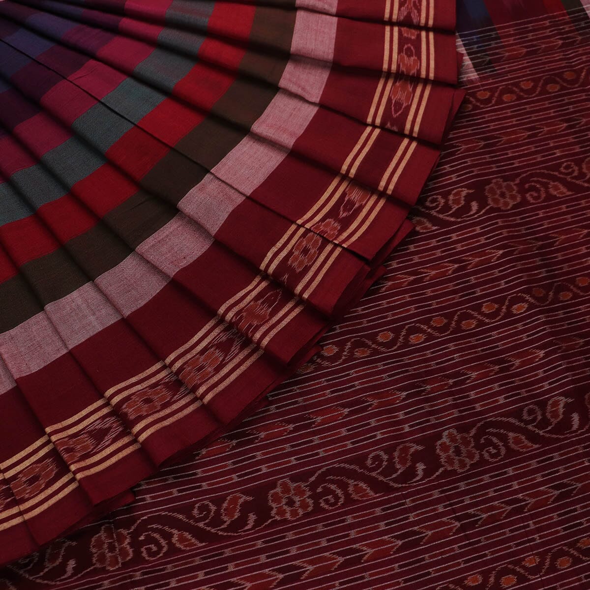 Handloom Maroon Sambalpuri Cotton Saree with Maroon ikkat border