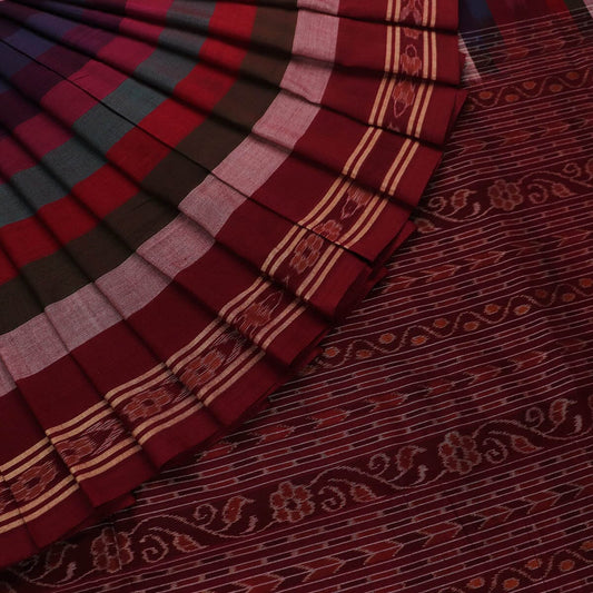 Handloom Maroon Sambalpuri Cotton Saree with Maroon ikkat border