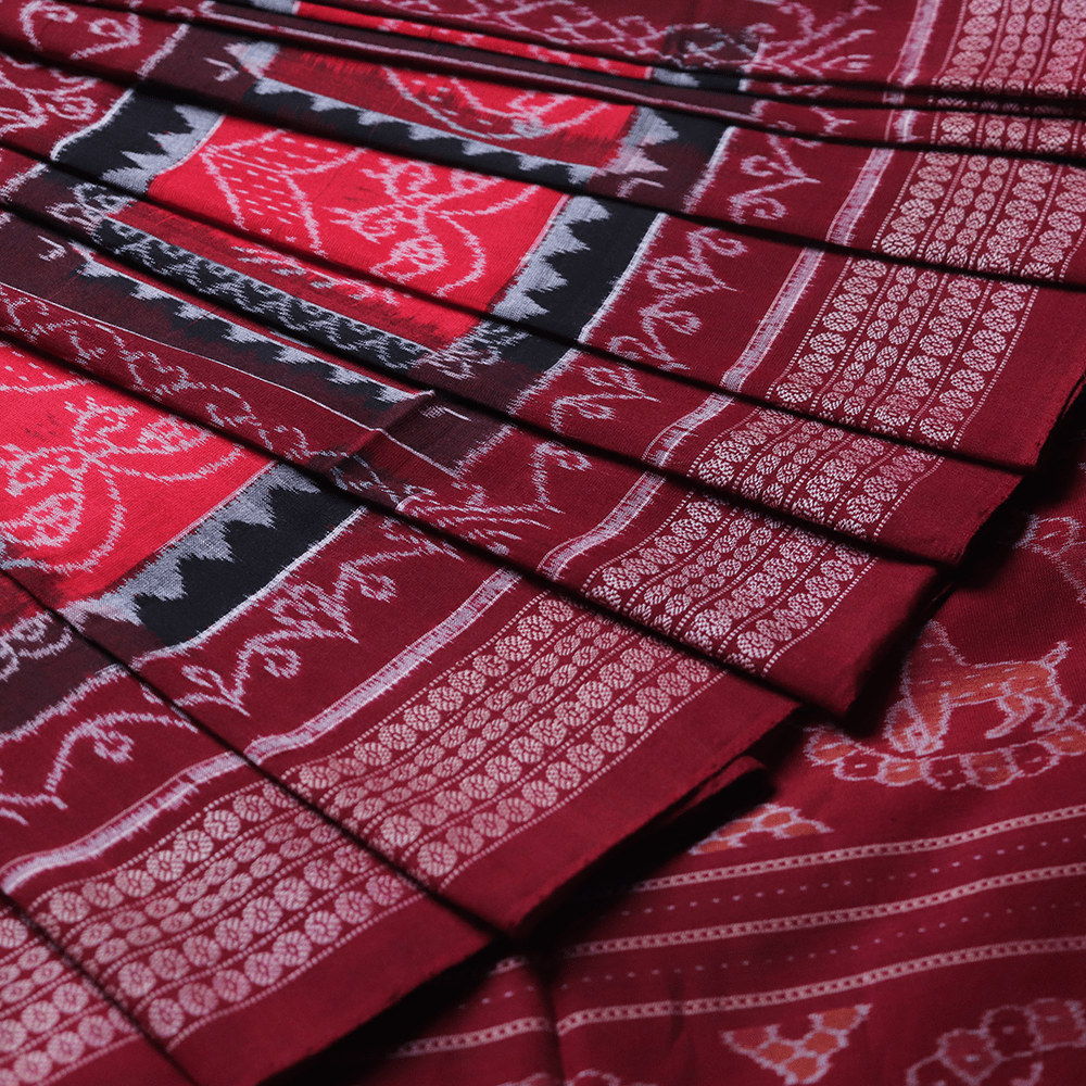 Handloom Red Sambalpuri Cotton Saree with Maroon ikkat border