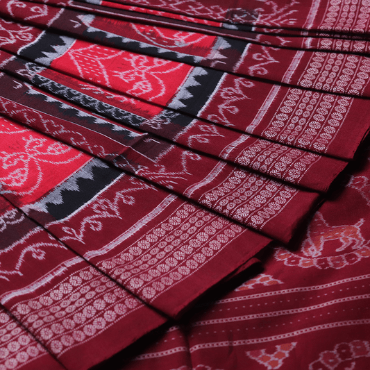 Handloom Red Sambalpuri Cotton Saree with Maroon ikkat border
