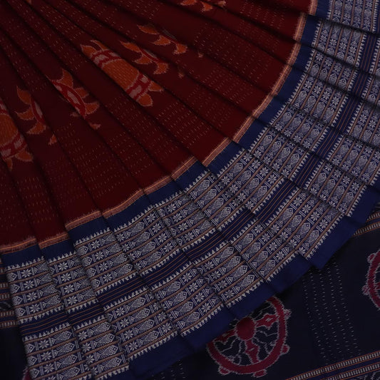 Handloom Maroon Sambalpuri Cotton Saree with Blue ikkat border
