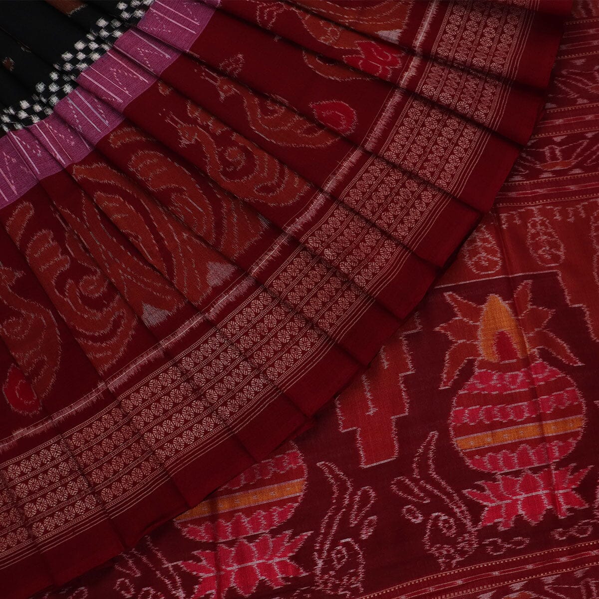 Handloom Black Sambalpuri Cotton Saree with Maroon ikkat border