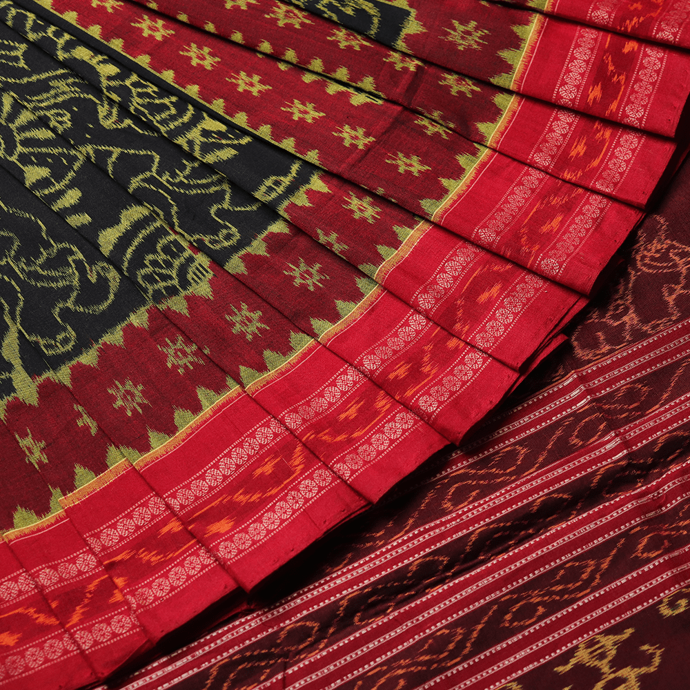 Handloom Black Sambalpuri Cotton Saree with Maroon ikkat border