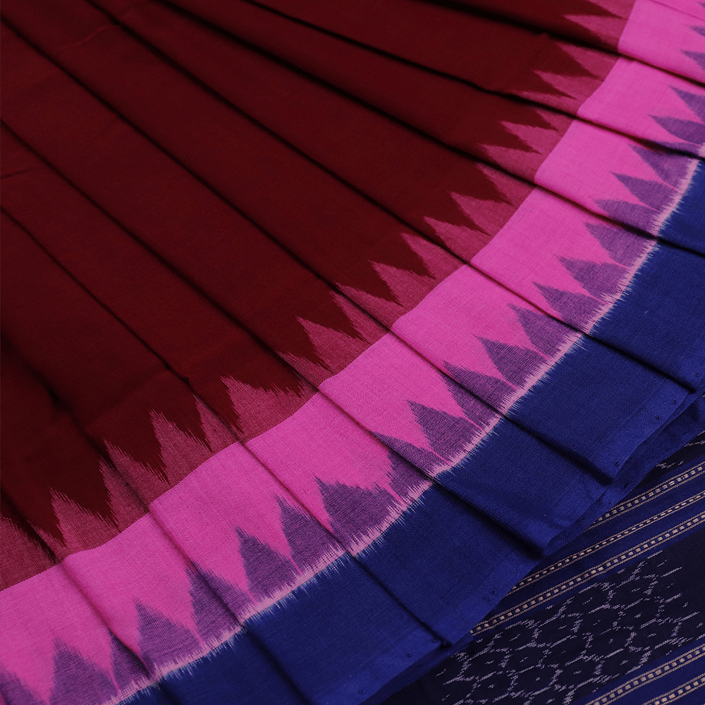 Handloom Maroon Sambalpuri Cotton Saree with Blue ikkat border