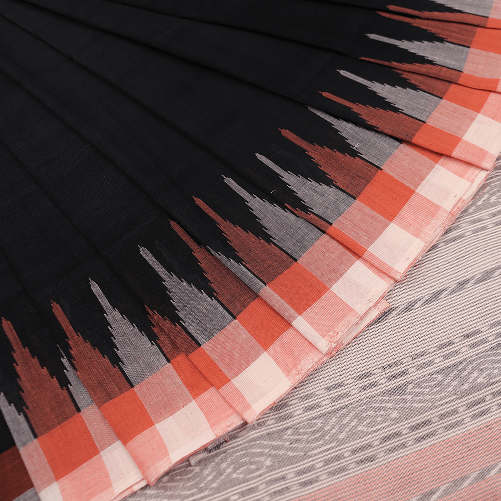 Handloom Black Sambalpuri Cotton Saree with Rust ikkat border
