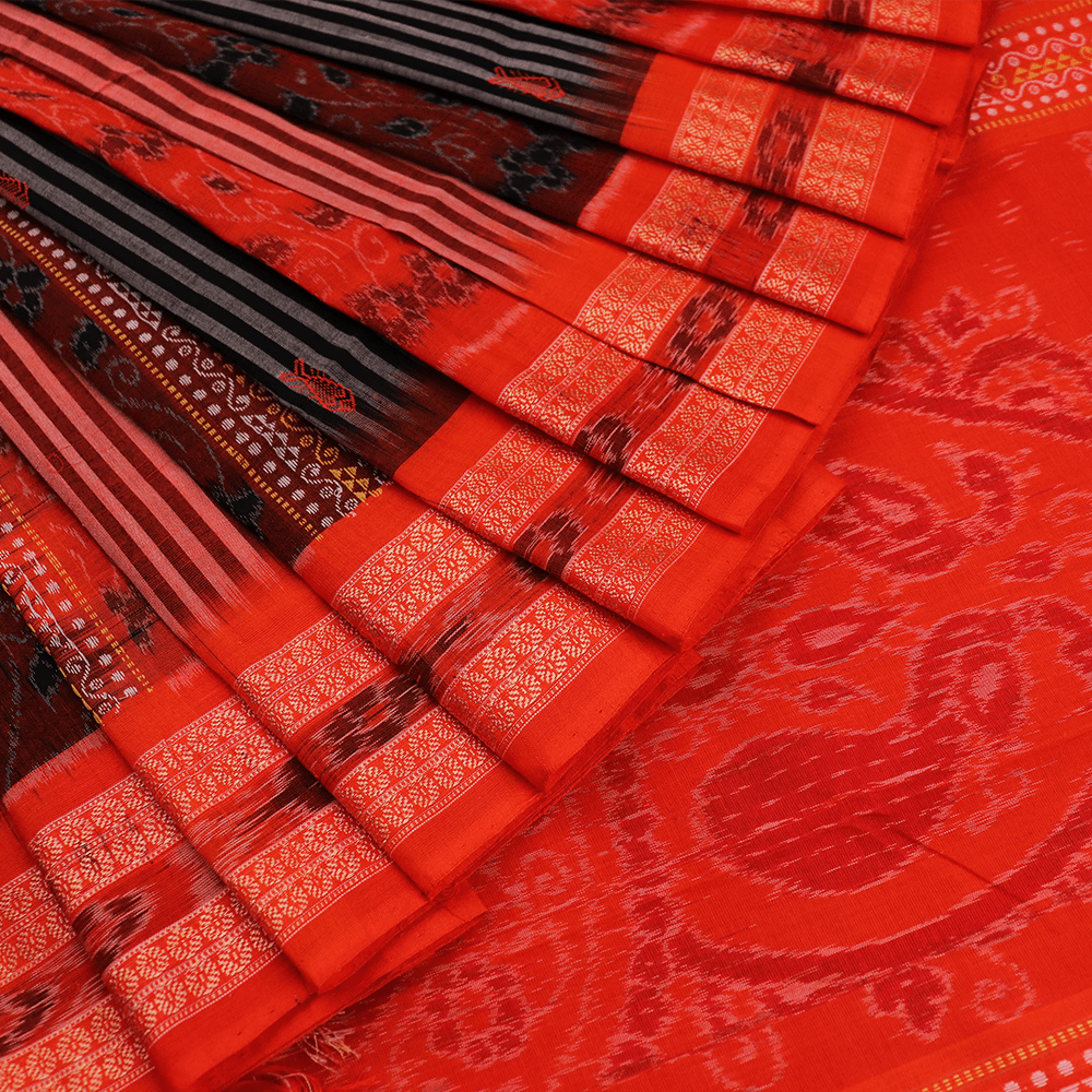Handloom Orange Sambalpuri Cotton Saree with Black ikkat border