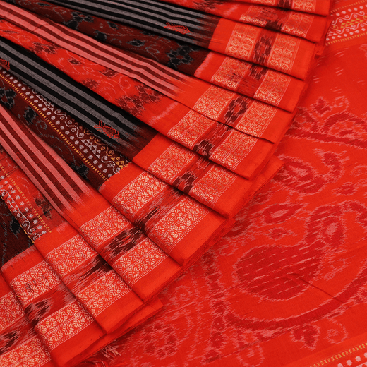 Orange Sambalpuri Cotton Saree with Black Border D92-22-02259