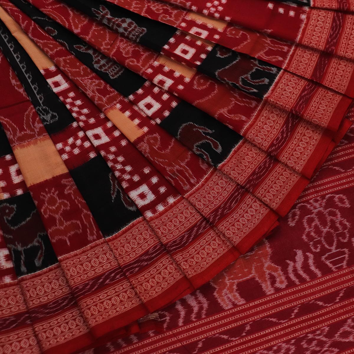 Handloom Black Sambalpuri Cotton Saree with Maroon ikkat border