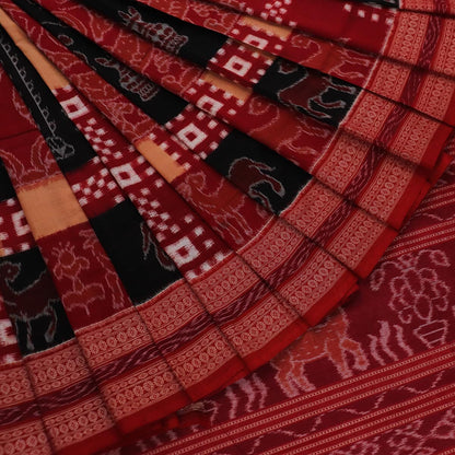 Handloom Black Sambalpuri Cotton Saree with Maroon ikkat border