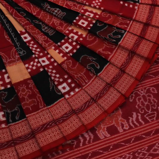 Handloom Black Sambalpuri Cotton Saree with Maroon ikkat border