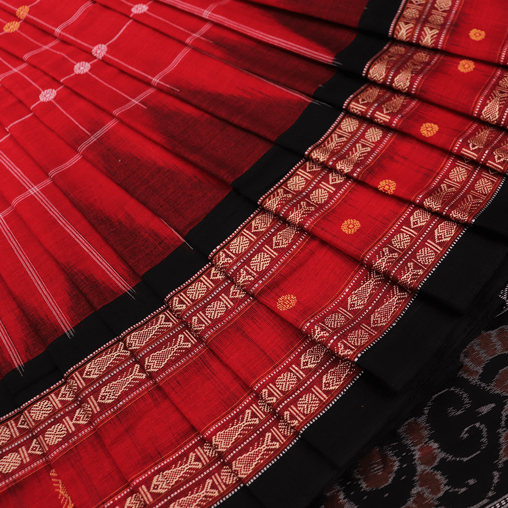Handloom Red Sambalpuri Cotton Saree with Black ikkat border