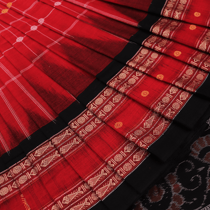 Handloom Red Sambalpuri Cotton Saree with Black ikkat border