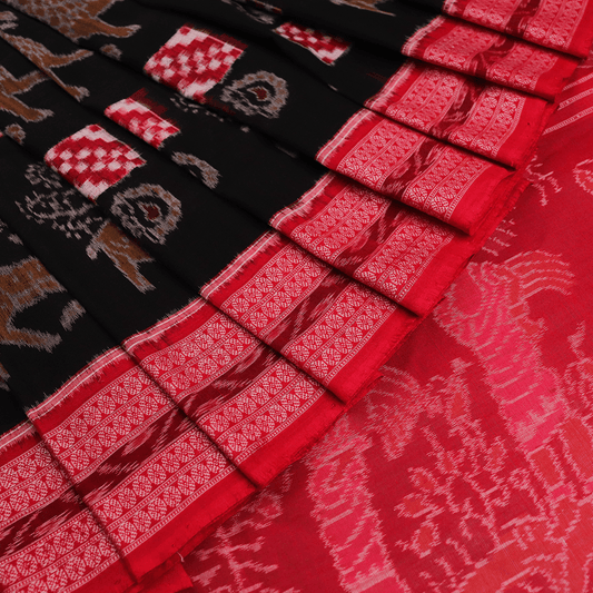 Handloom Black Sambalpuri Cotton Saree with Red ikkat border