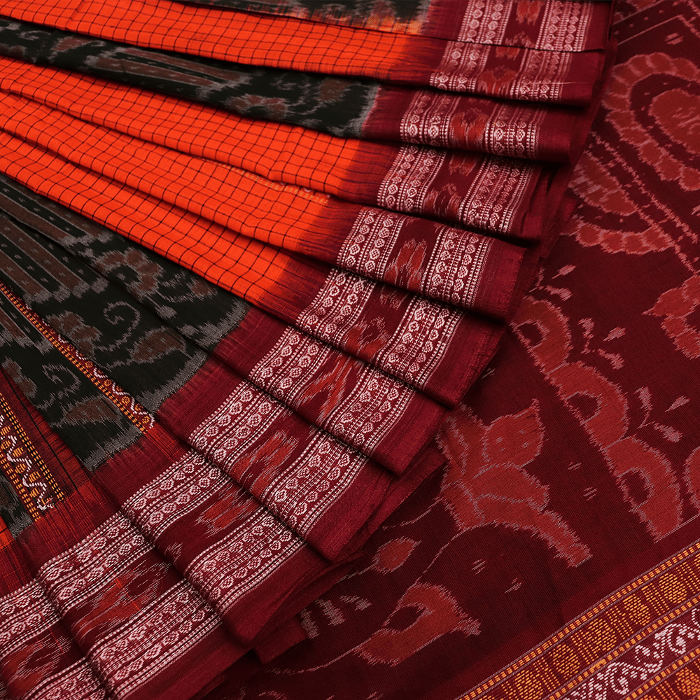Handloom Orange Sambalpuri Cotton Saree with Maroon ikkat border