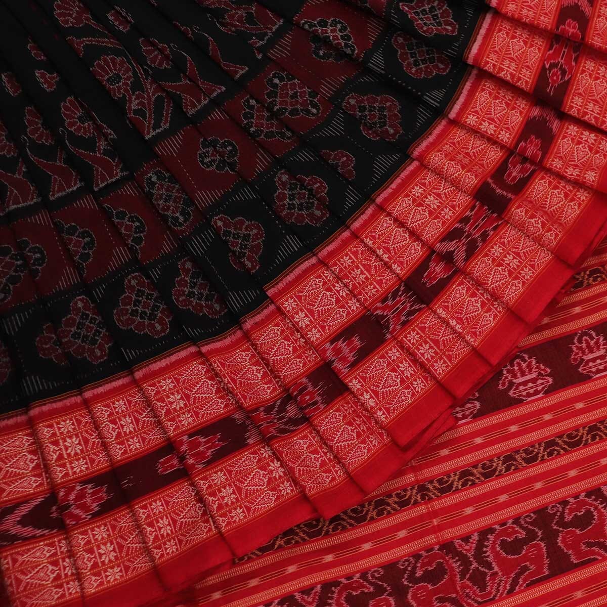 Handloom Black Sambalpuri Cotton Saree with Red ikkat border