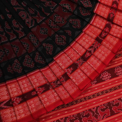 Handloom Black Sambalpuri Cotton Saree with Red ikkat border