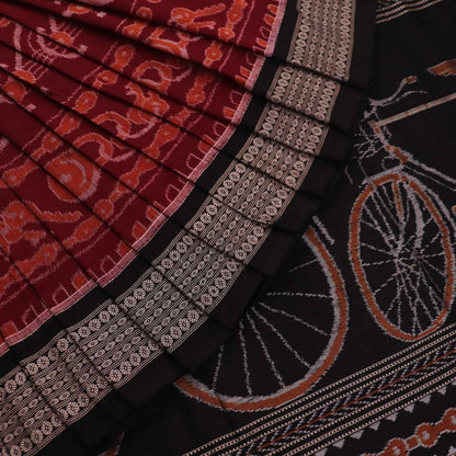 Handloom Maroon Sambalpuri Cotton Saree with Black border