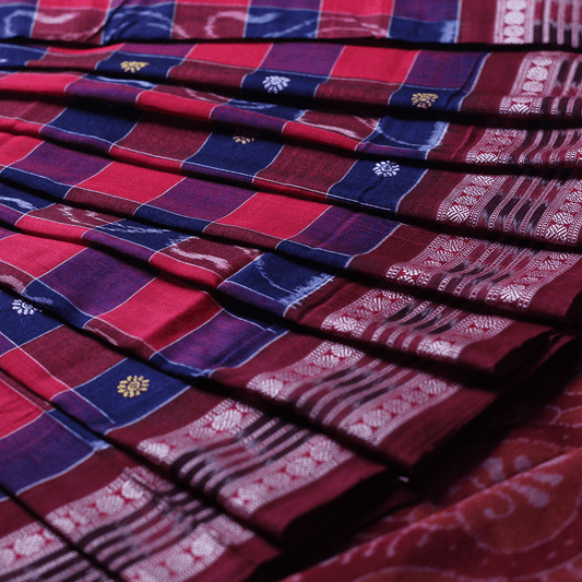 Handloom White Sambalpuri Cotton Saree with Maroon ikkat border