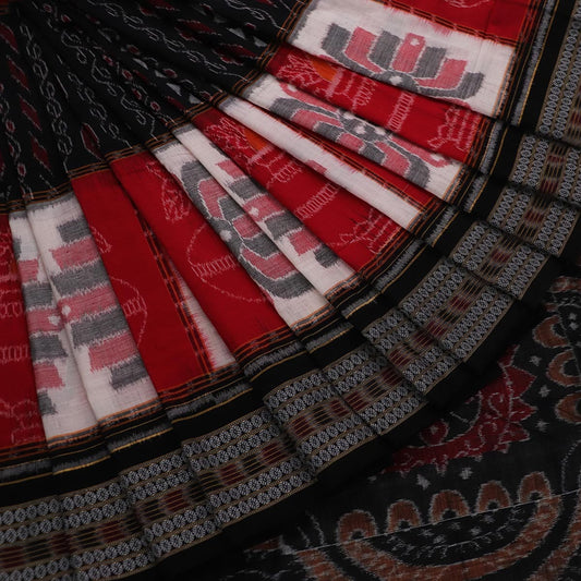 Handloom Red Sambalpuri Cotton Saree with Black ikkat border