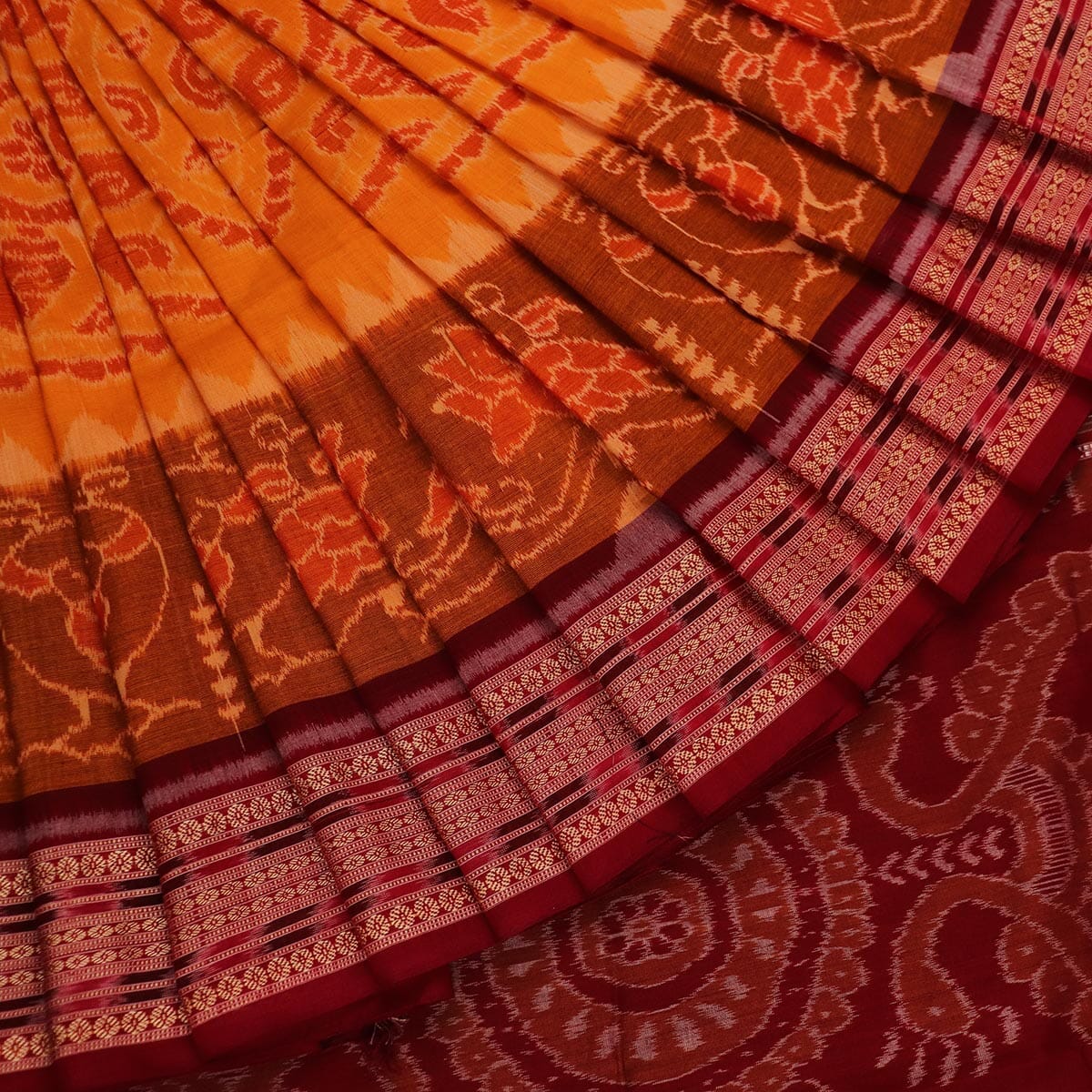 Handloom Yellow Sambalpuri Cotton Saree with Maroon ikkat border