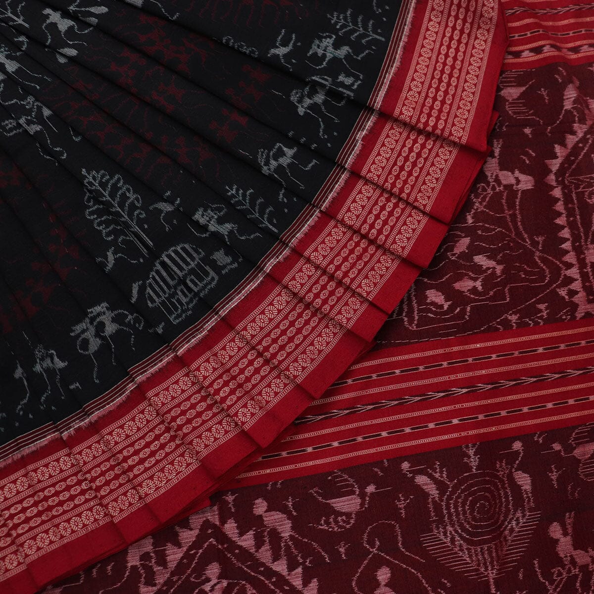 Handloom Black Sambalpuri Cotton Saree with Maroon ikkat border