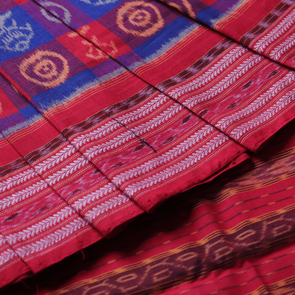 Handloom Blue Sambalpuri Cotton Saree with Red ikkat border