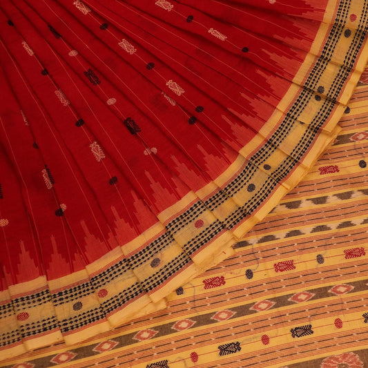 Handloom Red Sambalpuri Cotton Saree with Cream ikkat border