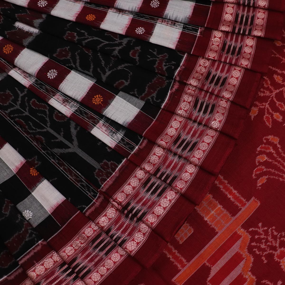 Handloom Black Sambalpuri Cotton Saree with Maroon ikkat border
