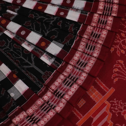 Handloom Black Sambalpuri Cotton Saree with Maroon ikkat border