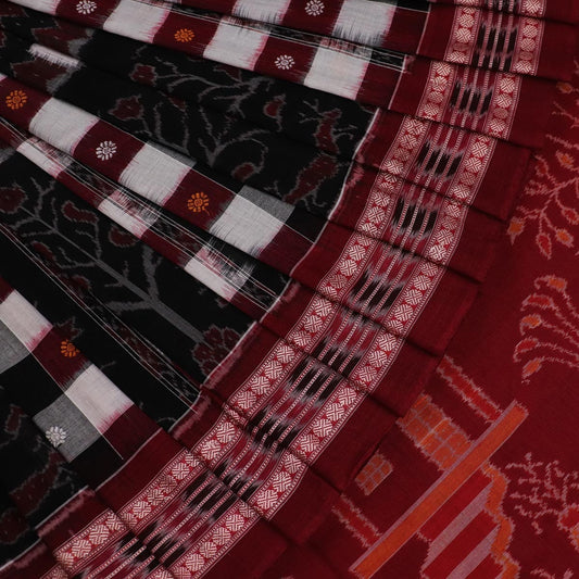 Handloom Black Sambalpuri Cotton Saree with Maroon ikkat border