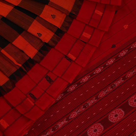 Handloom Orange Sambalpuri Cotton Saree with Red border