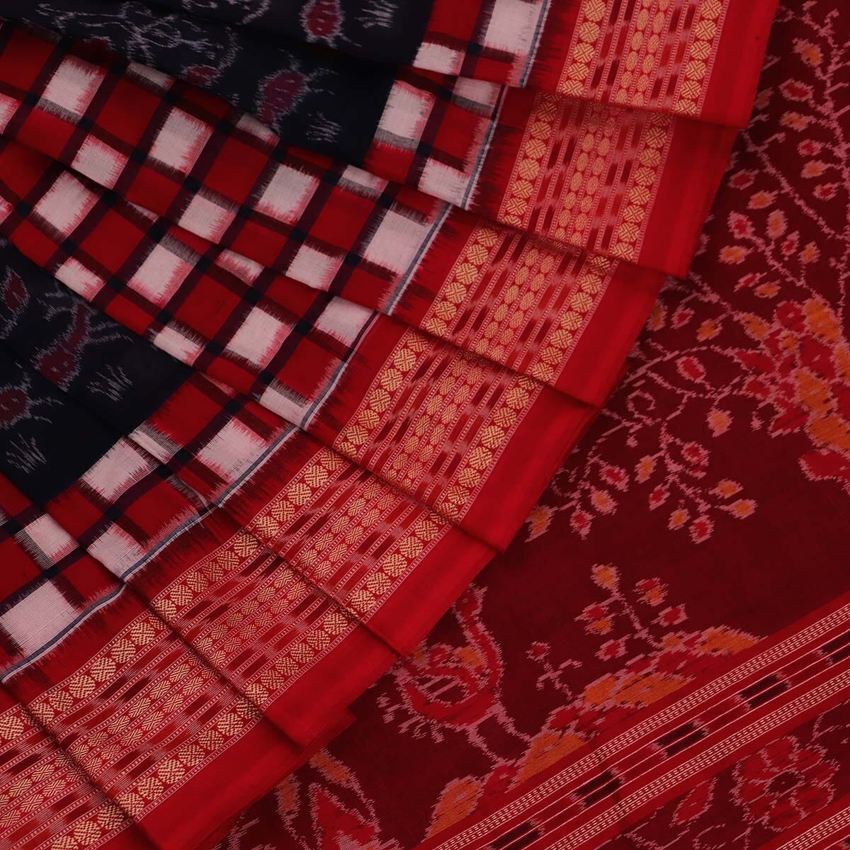 Black & Red Handloom Linen saree with ikkat design | eWe